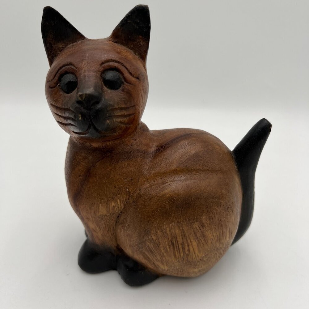 Siamese wood wooden carved cat kitten tail up sitting folk art handmade